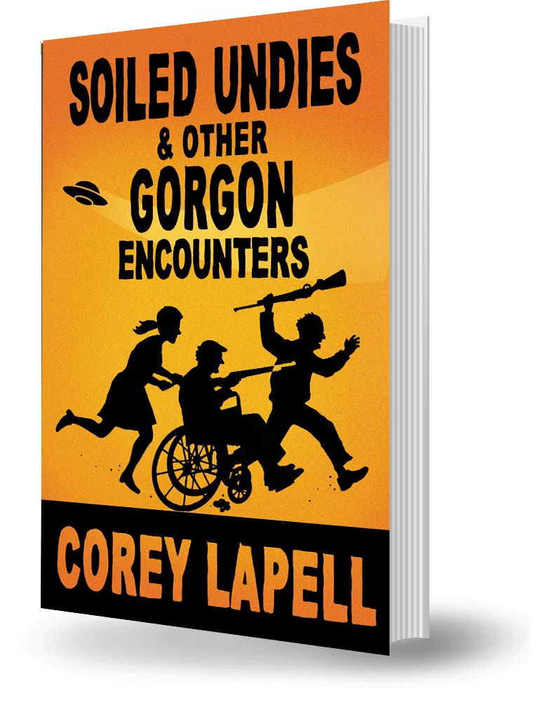 Book cover for "Soiled Undies & Other Gorgon Encounters" by Corey Lapell, featuring silhouetted figures in dynamic poses against an orange background.